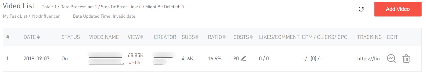 Track YouTube video performance on NoxInfluencer