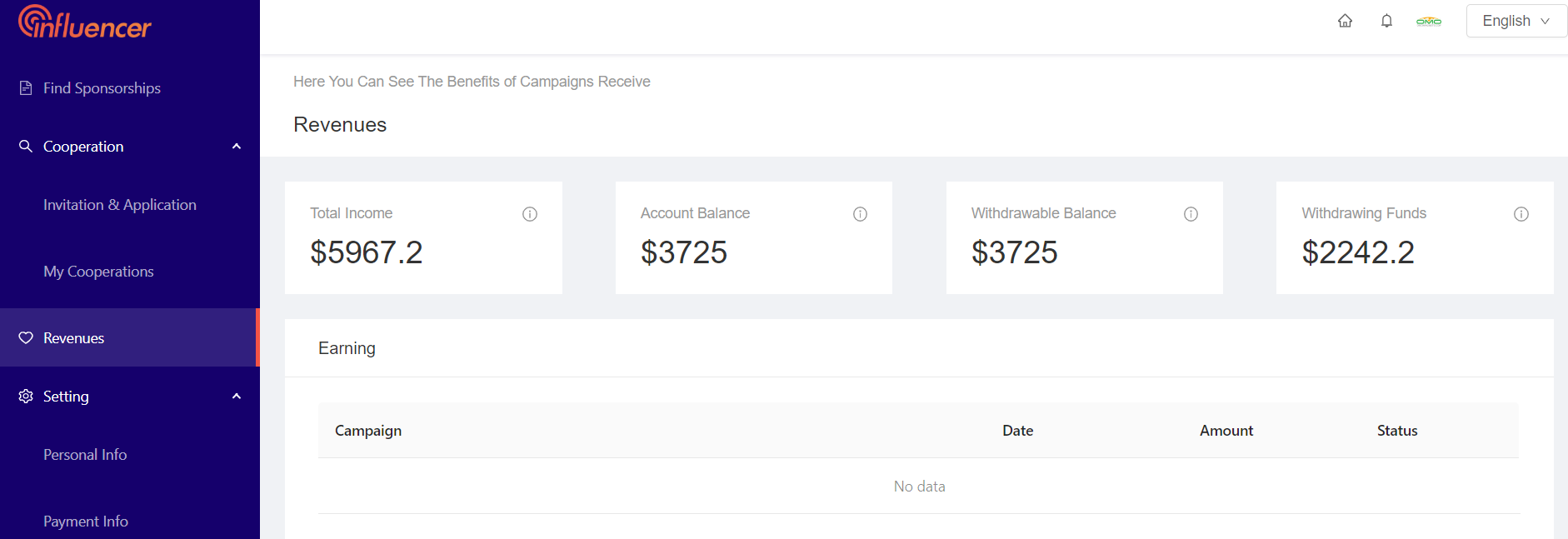 7. Withdrawl Money - Noxinfluencer Marketing